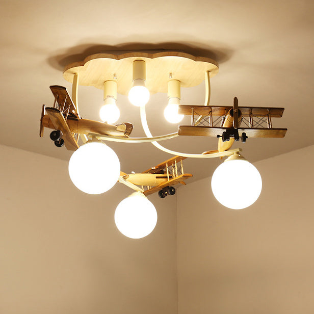 Contemporary Nordic Kids Iron Rubber Wood Glass Plane Cloud Ball 6-Light Flush Mount Ceiling Light For Bedroom