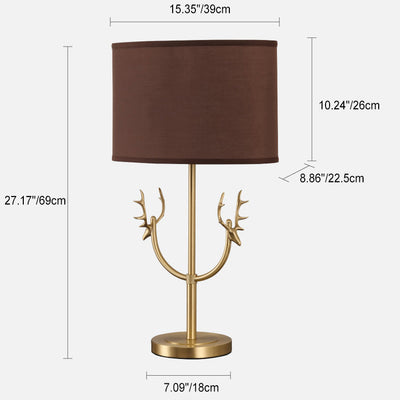 Contemporary Retro Fabric Brass Cylinder Deer 1-Light Table Lamp For Bedside