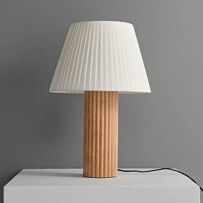 Contemporary Retro Cylinder Pleated Wood Fabric Brass 1-Light Table Lamp For Bedside