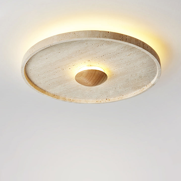 Traditional Japanese Yellow Travertine Disc Shade Wood Grain LED Flush Mount Ceiling Light For Living Room