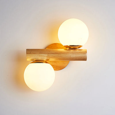 Modern Minimalist Cylinder Orb Wood Hardware Glass 2-Light Wall Sconce Lamp For Bedroom