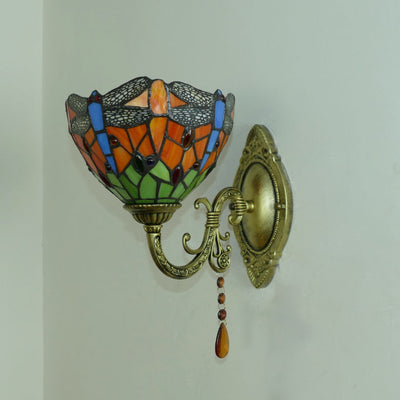 Traditional Tiffany Cup Rose Sunflower Dragonfly Iron Stained Glass 1-Light Wall Sconce Lamp For Bedroom