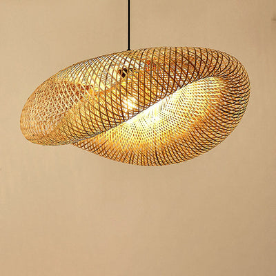 Traditional Japanese Straw Hat Bamboo Weaving Iron 1-Light Pendant For Dining Room