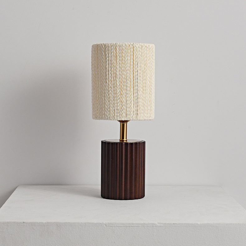 Traditional Japanese Round Cylinder Paper Rope Wood 1-Light Table Lamp For Bedroom