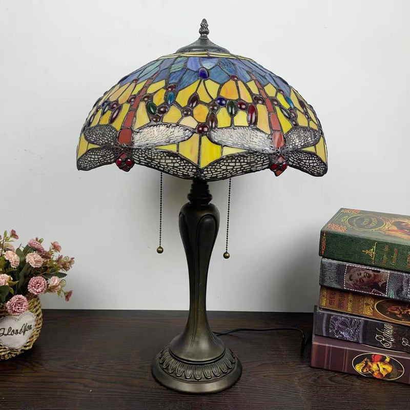 Traditional Tiffany Umbrella Flower Dragonfly Alloy Stained Glass 2-Light Table Lamp For Bedroom