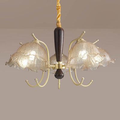 Traditional French Cream Flower Iron Solid Wood Glass 3/5 Light Chandelier For Living Room