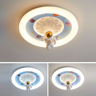 Modern Art Deco Kids Iron Resin Acrylic Round Moon Astronaut LED Flush Mount Ceiling Light For Bedroom