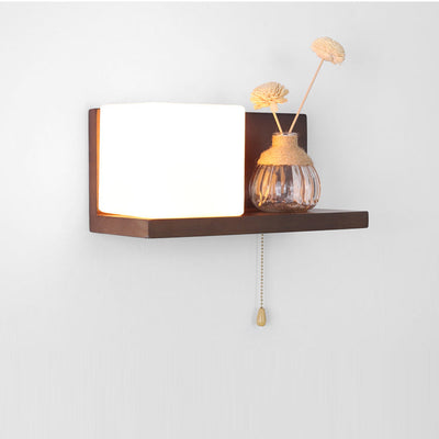 Modern Minimalist Rectangular Square Shelf Wood Glass 1-Light Wall Sconce Lamp For Bedroom