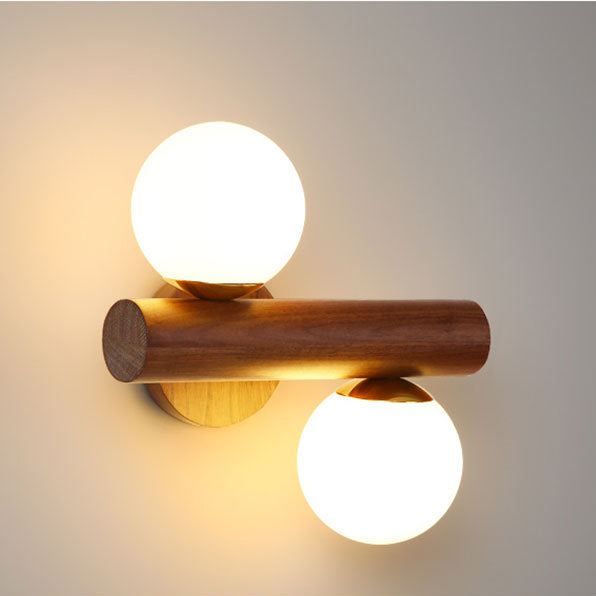 Contemporary Scandinavian Cylinder Orb Rubberwood Glass 2-Light Wall Sconce Lamp For Bedroom