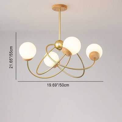 Contemporary Nordic Surround Round Orb Iron Wood Glass 4/6 Light Chandelier For Living Room