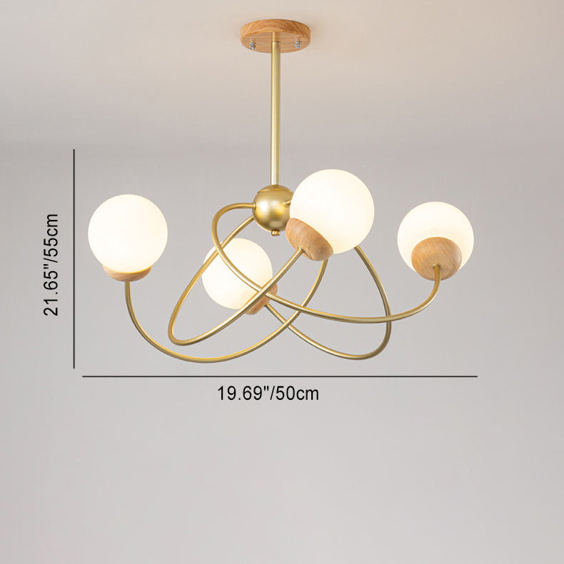 Contemporary Nordic Surround Round Orb Iron Wood Glass 4/6 Light Chandelier For Living Room