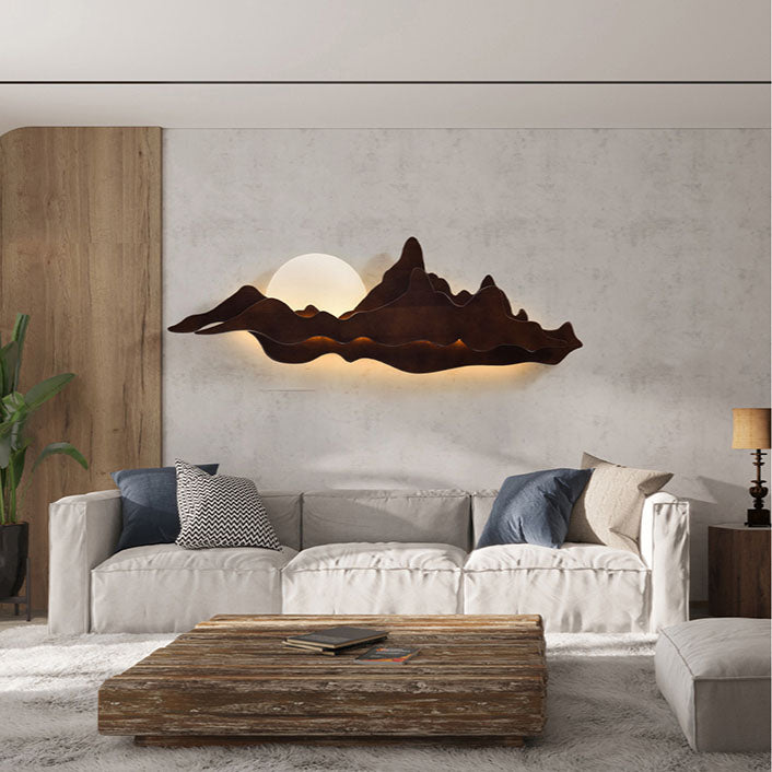 Traditional Chinese Wood Landscape LED Wall Sconce Lamp For Living Room