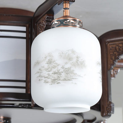 Traditional Chinese Wood Acrylic Glass Round Rectangular Lantern 6/8/10 Light Flush Mount Ceiling Light For Living Room