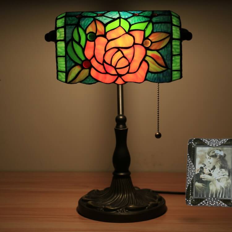 Tiffany Vintage Blooming Flowers Stained Glass 1-Light Bank Table Lamp