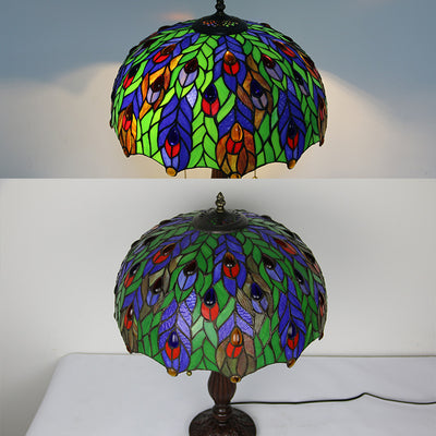 Traditional Tiffany Stained Glass Peacock Sunflower Resin Base 2-Light Table Lamp For Study