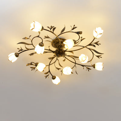 Traditional French Flower Shaped Iron Glass 4/6/8/10/12 Light Semi-Flush Mount Ceiling Light For Bedroom