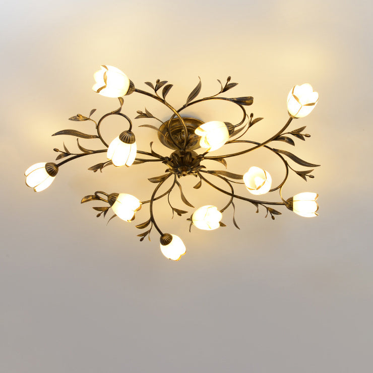 Traditional French Flower Shaped Iron Glass 4/6/8/10/12 Light Semi-Flush Mount Ceiling Light For Bedroom