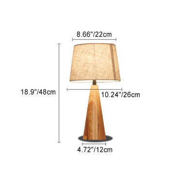 Traditional Japanese Round Tapered Solid Wood Base Fabric 1-Light Table Lamp For Bedroom