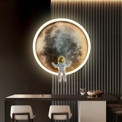 Contemporary Creative Round Lunar Astronaut Hardware Resin LED Wall Sconce Lamp For Bedroom