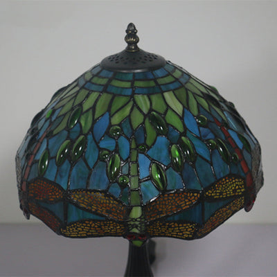 Traditional Tiffany Stained Glass Animal Dragonfly Pattern Zinc Alloy Base 1-Light Table Lamp For Bedroom