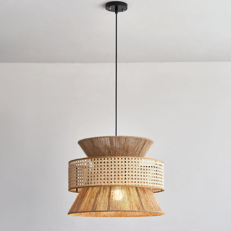 Traditional Vintage Zen Rattan Hemp Rope Weaving Round Shade 1-Light Pendant Light For Living Room