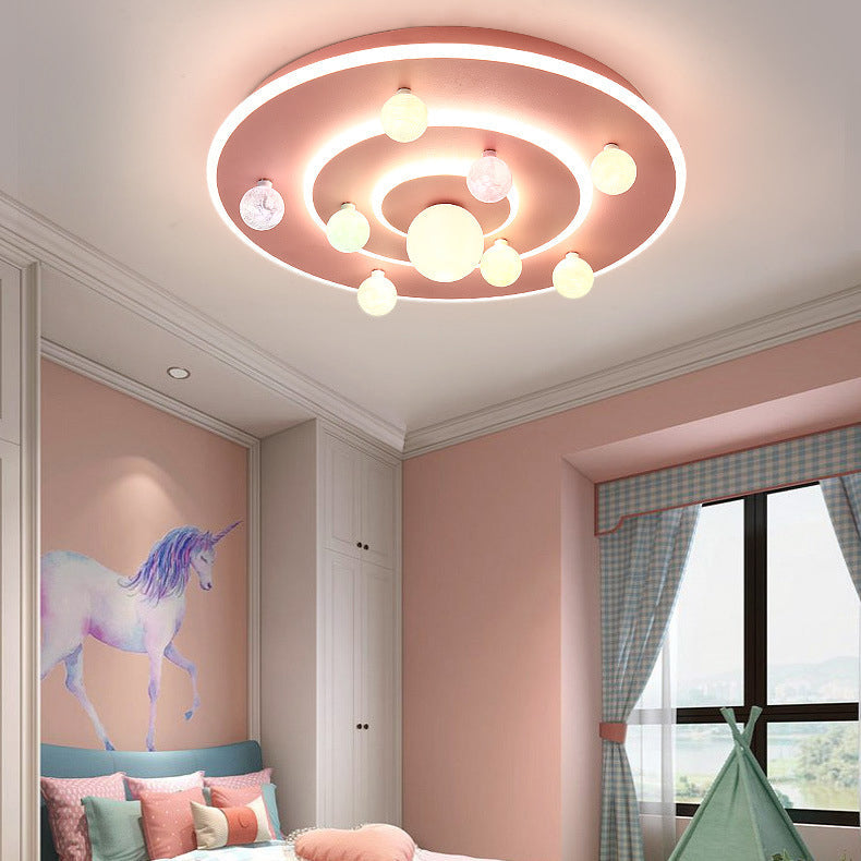 Contemporary Creative Kids Round Planet Iron Acrylic LED Flush Mount Ceiling Light For Bedroom