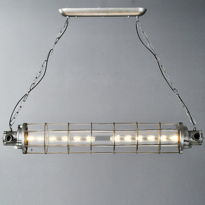 Contemporary Industrial Cylinder Grid Iron Glass 2-Light Island Light Chandelier For Dining Room