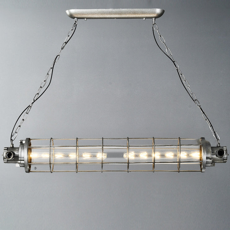 Contemporary Industrial Cylinder Grid Iron Glass 2-Light Island Light Chandelier For Dining Room