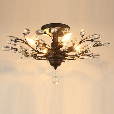 Traditional European Branch Iron Crystal 4/5/6 Light Semi-Flush Mount Ceiling Light For Living Room