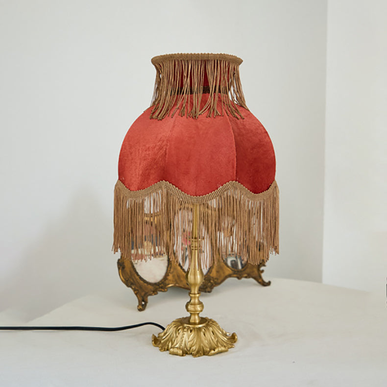 Traditional French Fabric Tassel Shade Full Copper Base 1-Light Table Lamp For Home Office