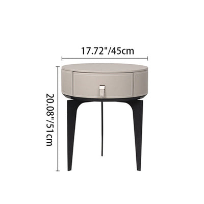 Modern Luxury Round Microfiber Leather Solid Wood Metal Nightstand 1-Drawer For Bedroom