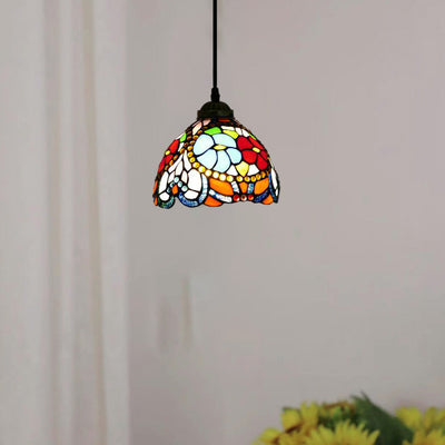 Traditional Tiffany Iron Stained Glass Round 1-Light Pendant Light for Living Room