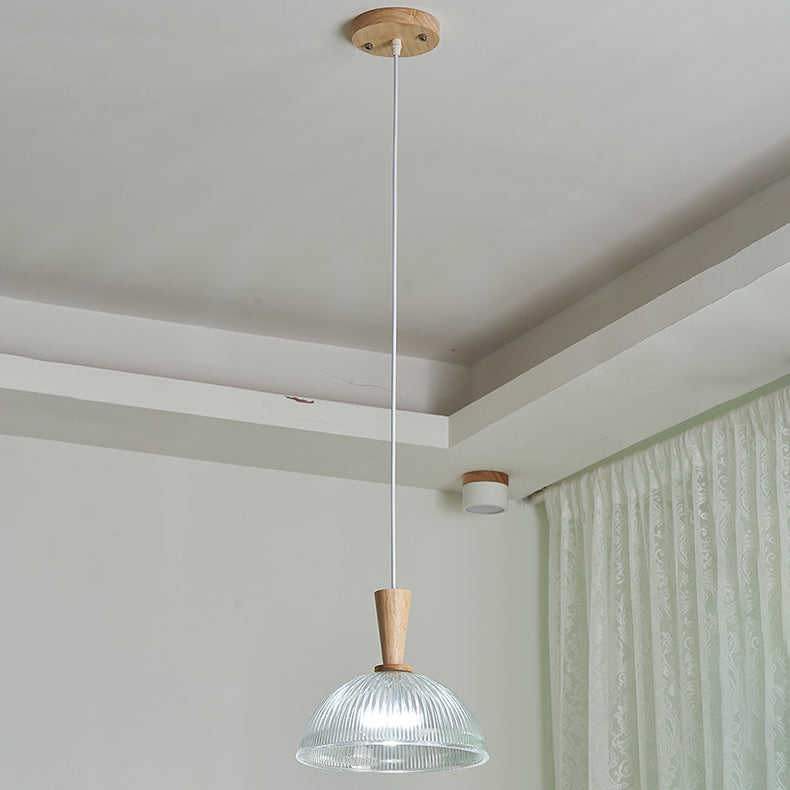 Modern Minimalist Round Lace Stripe Glass Wood 1-Light Pendant Light For Living Room