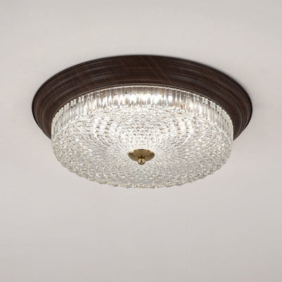 Traditional Vintage Round Crystal Glass Iron Water Turned Wood Grain LED Flush Mount Ceiling Light For Living Room