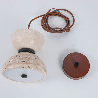 Traditional Japanese Bidirectional Dome Travertine Stone Shade LED Pendant Light For Dining Room