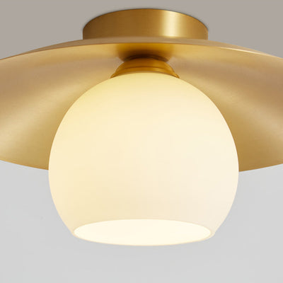 Contemporary Nordic Cream Round All Copper Glass 1-Light Semi-Flush Mount Ceiling Light For Hallway