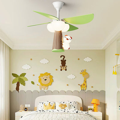 Contemporary Creative Kids PVC Iron Wood Tree Bear LED Semi-Flush Mount Ceiling Fan Light For Bedroom