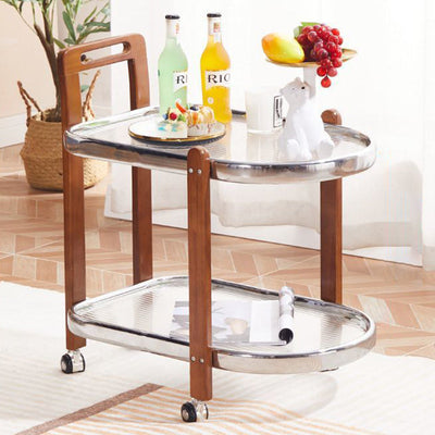 Traditional Japanese Removable Oval Wooden Stainless Steel Glass End Table 2-Tier For Living Room