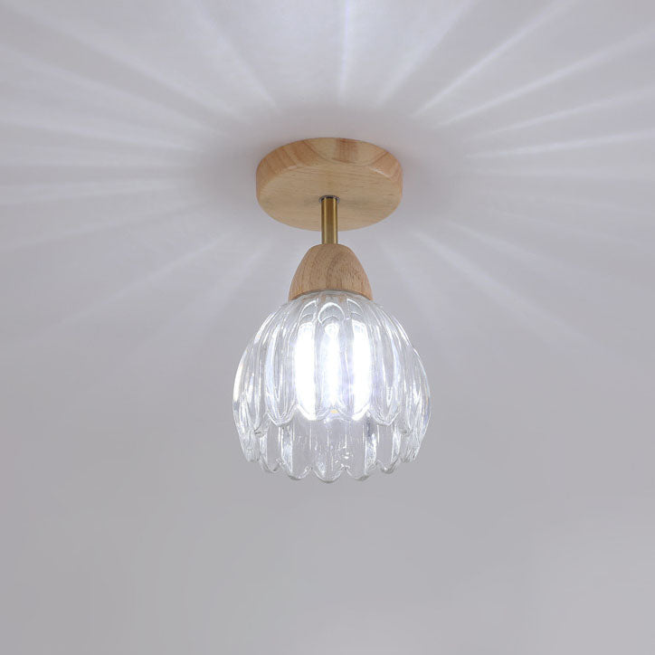 Japanese Vintage Wood Glass Cone Flower 1-Light Semi-Flush Mount Ceiling Light