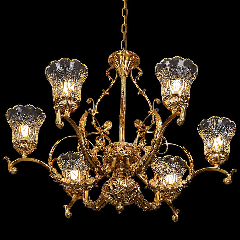 Traditional French Floral Leaf Branch Glass Copper 6-Light Chandelier For Bedroom