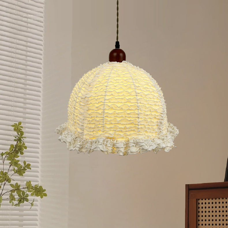 Contemporary Scandinavian Round Ruffle Lace Solid Wood Fabric 1-Light Pendant Light For Living Room