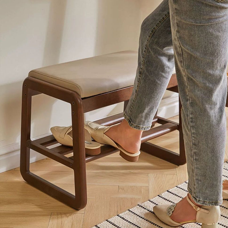 Modern Minimalist Rectangular Solid Wood Leather Shoe Storage Benches For Entryways