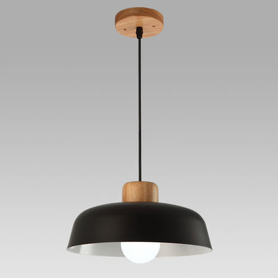 Contemporary Scandinavian Round Bowl Metal Rubber Wood 1-Light Pendant Light For Dining Room