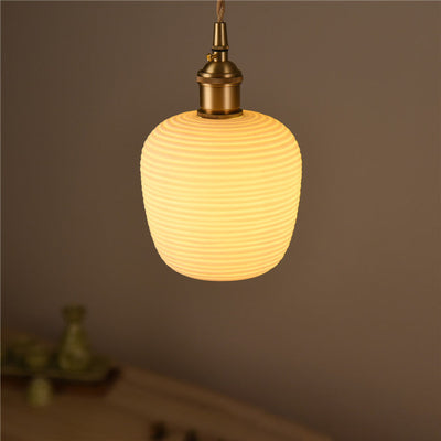 Contemporary Nordic Irregular Cylinder Stripe Ceramic Copper 1-Light Pendant Light For Living Room