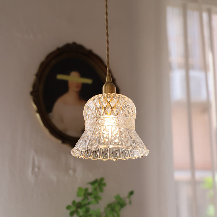 Traditional French Floral Brass Glass 1-Light Pendant Light For Living Room