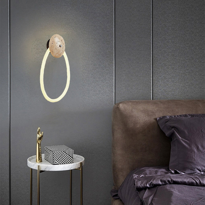 Contemporary Scandinavian Coil Disc Stone Premium Optical Woven Fiber LED Wall Sconce Lamp For Bedroom