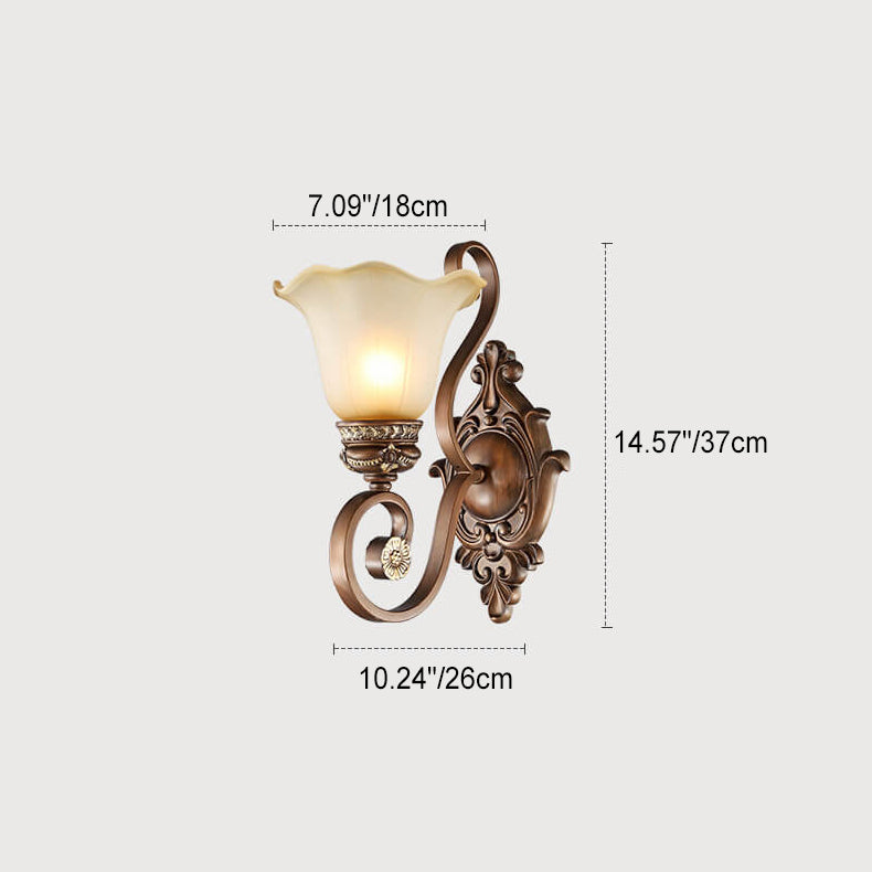 Traditional Vintage Iron Glass Flower Shape 1-Light Wall Sconce Lamp For Hallway