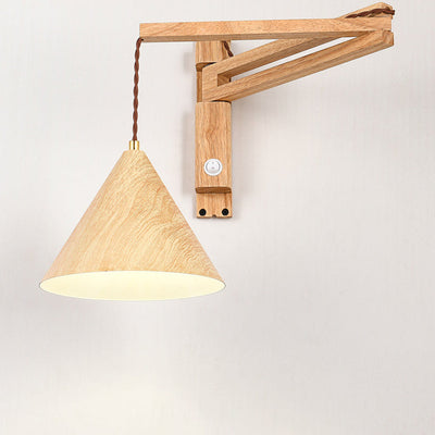 Modern Minimalist Cone Retractable Long Iron Water Turned Wood Grain Wood Wall Sconce Lamp For Bedroom