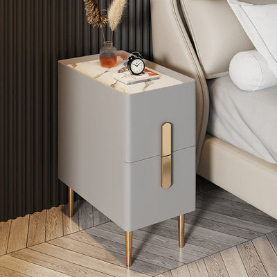 Contemporary Scandinavian Rectangular Tabletop Rock Plate Metal Stainless Steel Nightstand 2-Drawer For Bedroom