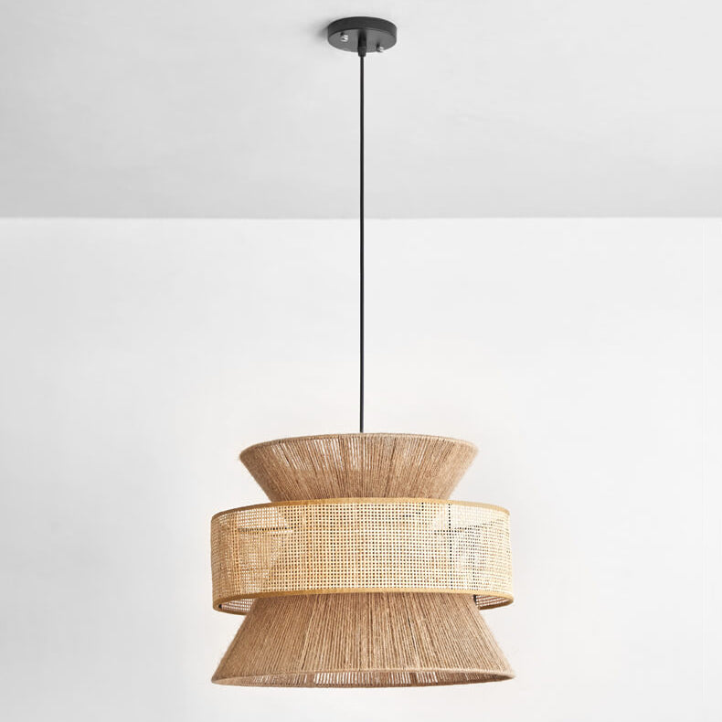 Traditional Vintage Zen Rattan Hemp Rope Weaving Round Shade 1-Light Pendant Light For Living Room